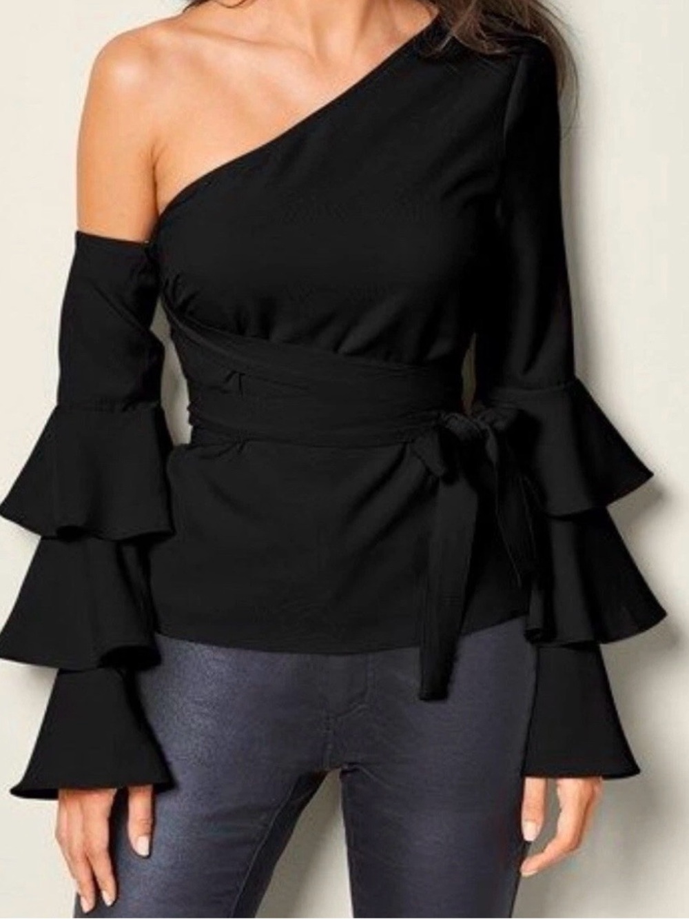 VENUS One-Shoulder Black Ruffle Sleeve Tie-Waist Top